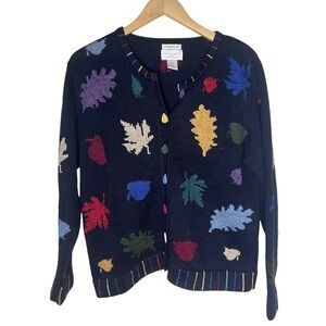 Vtg Hand Embroidered Colorful Fall Leaves Knit Cardigan S